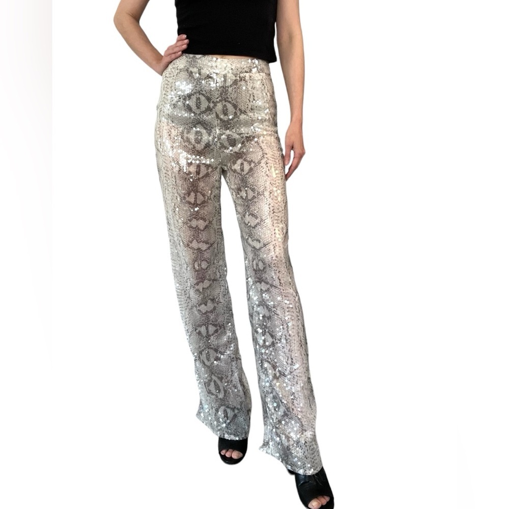 NWT✨Pretty Little Thing Silver Snake Sequin Wide Leg Pants